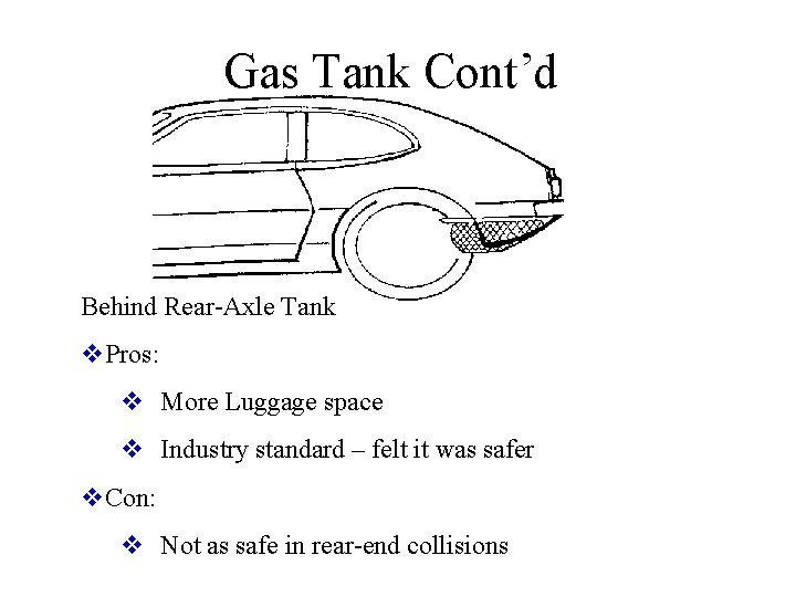 Gas Tank Cont’d Behind Rear-Axle Tank v. Pros: v More Luggage space v Industry