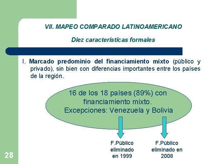 VII. MAPEO COMPARADO LATINOAMERICANO Diez características formales I. Marcado predominio del financiamiento mixto (público