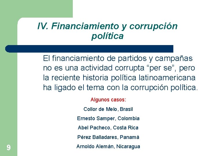 IV. Financiamiento y corrupción política El financiamiento de partidos y campañas no es una