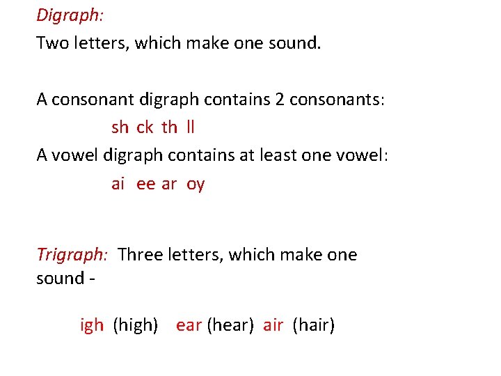 Digraph: Two letters, which make one sound. A consonant digraph contains 2 consonants: sh