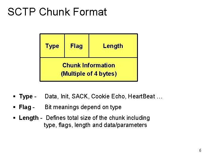 SCTP Chunk Format Type Flag Length Chunk Information (Multiple of 4 bytes) § Type
