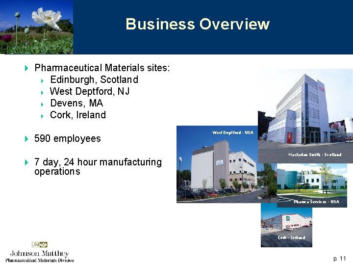 Business Overview 4 Pharmaceutical Materials sites: 4 Edinburgh, Scotland 4 West Deptford, NJ 4