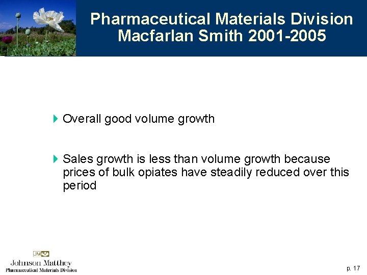 Pharmaceutical Materials Division Macfarlan Smith 2001 -2005 4 Overall good volume growth 4 Sales