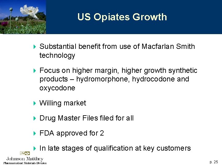 US Opiates Growth 4 Substantial benefit from use of Macfarlan Smith technology 4 Focus