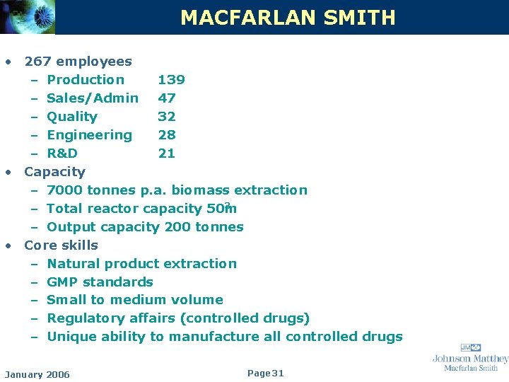 MACFARLAN SMITH • 267 employees – Production 139 – Sales/Admin 47 – Quality 32