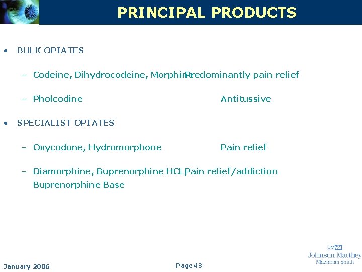 PRINCIPAL PRODUCTS • BULK OPIATES – Codeine, Dihydrocodeine, Morphine Predominantly pain relief – Pholcodine