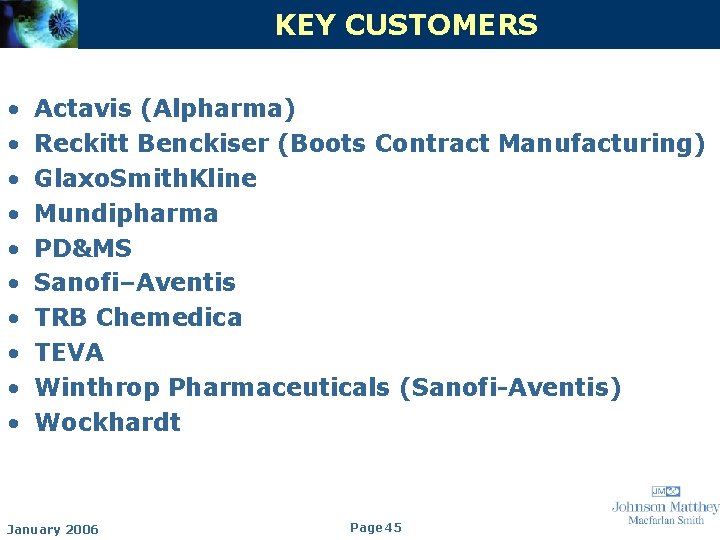 KEY CUSTOMERS • • • Actavis (Alpharma) Reckitt Benckiser (Boots Contract Manufacturing) Glaxo. Smith.