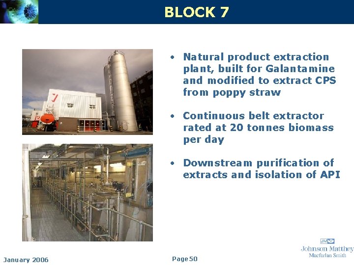 BLOCK 7 • Natural product extraction plant, built for Galantamine and modified to extract