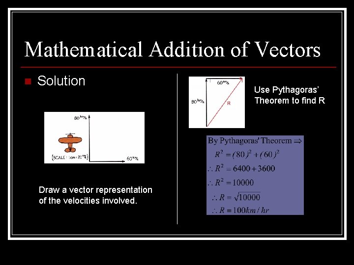 Mathematical Addition of Vectors n Solution Draw a vector representation of the velocities involved.