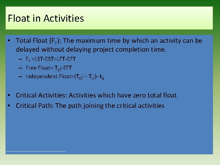 Float in Activities • Total Float (FT): The maximum time by which an activity