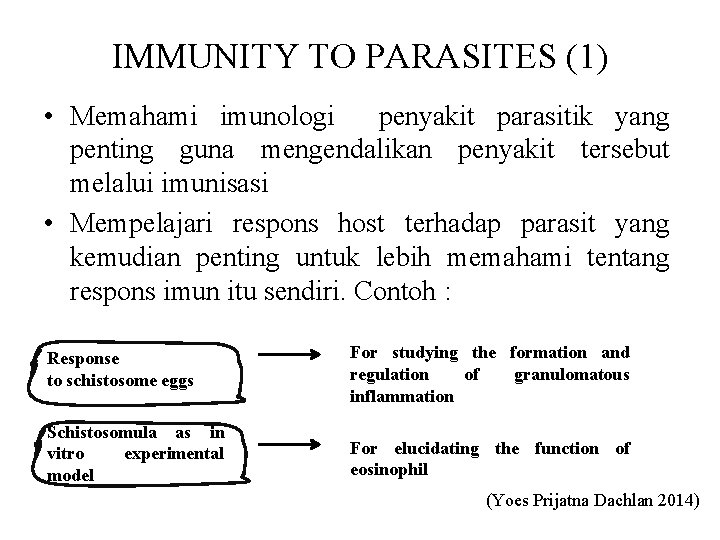 IMMUNITY TO PARASITES (1) • Memahami imunologi penyakit parasitik yang penting guna mengendalikan penyakit