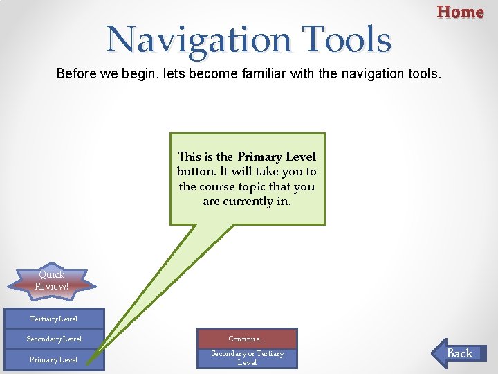 Navigation Tools Home Before we begin, lets become familiar with the navigation tools. This Navigation Tools Home Before we begin, lets become familiar with the navigation tools. This
