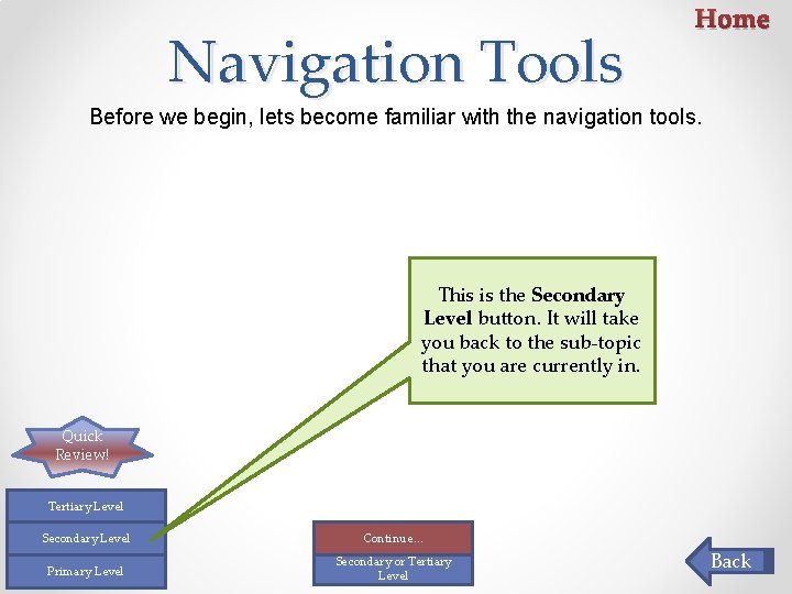 Navigation Tools Home Before we begin, lets become familiar with the navigation tools. This Navigation Tools Home Before we begin, lets become familiar with the navigation tools. This