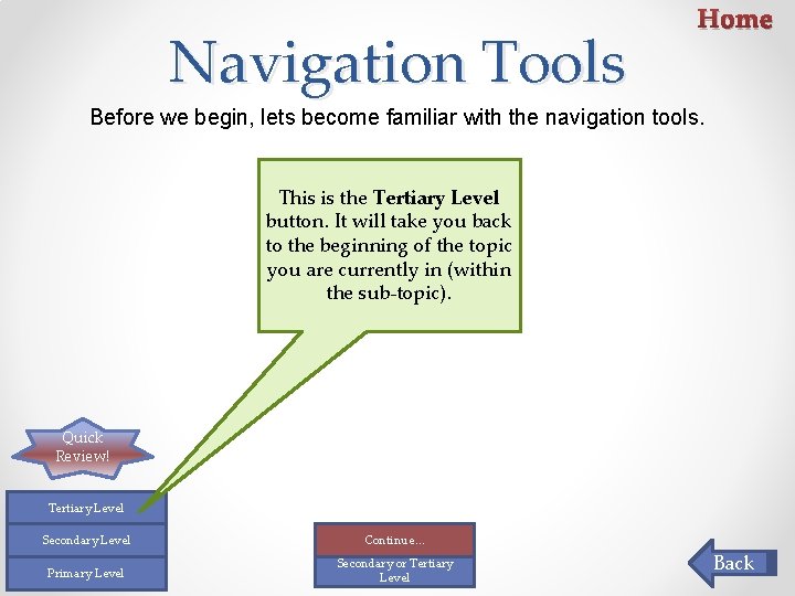 Navigation Tools Home Before we begin, lets become familiar with the navigation tools. This Navigation Tools Home Before we begin, lets become familiar with the navigation tools. This