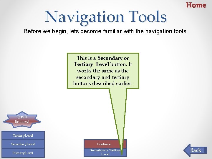 Navigation Tools Home Before we begin, lets become familiar with the navigation tools. This Navigation Tools Home Before we begin, lets become familiar with the navigation tools. This