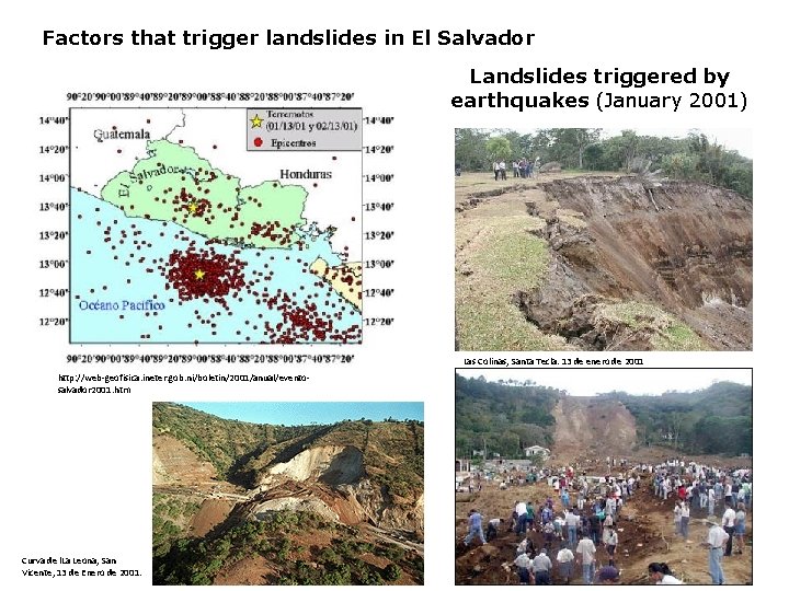 Factors that trigger landslides in El Salvador Landslides triggered by earthquakes (January 2001) Las