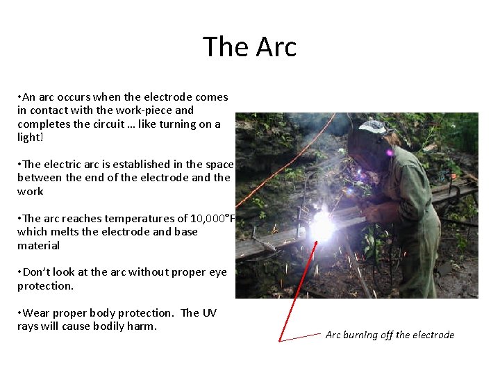 The Arc • An arc occurs when the electrode comes in contact with the