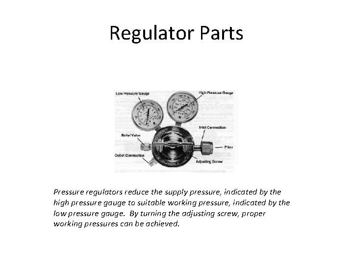 Regulator Parts Pressure regulators reduce the supply pressure, indicated by the high pressure gauge