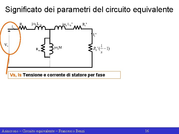 Significato dei parametri del circuito equivalente Vs, Is Tensione e corrente di statore per