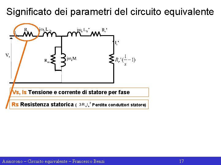 Significato dei parametri del circuito equivalente Vs, Is Tensione e corrente di statore per