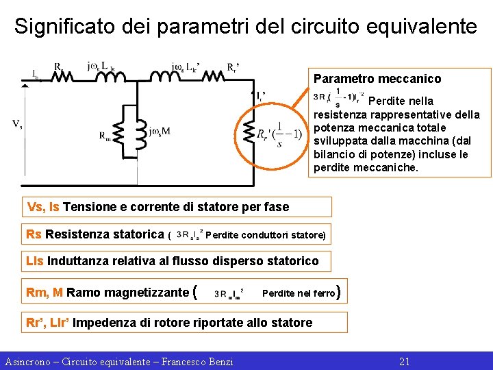Significato dei parametri del circuito equivalente Parametro meccanico Perdite nella resistenza rappresentative della potenza