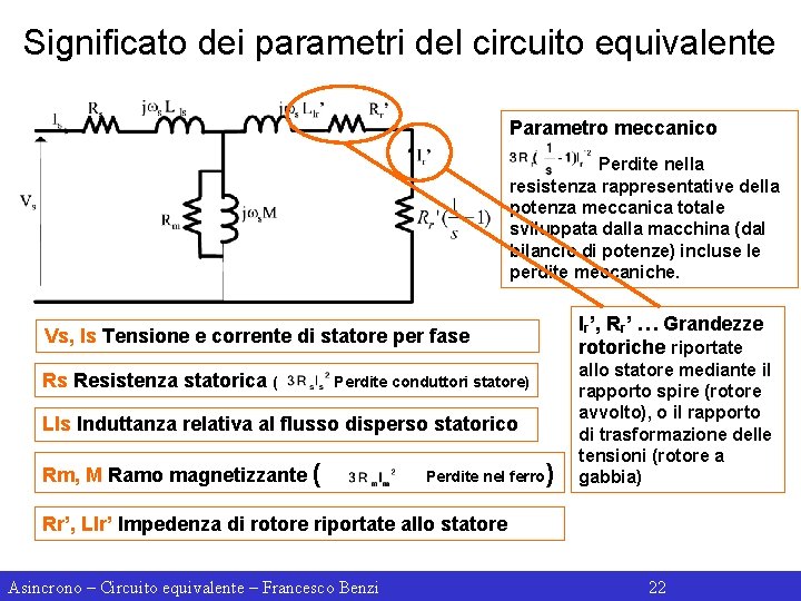 Significato dei parametri del circuito equivalente Parametro meccanico Perdite nella resistenza rappresentative della potenza