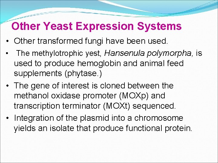 Other Yeast Expression Systems • Other transformed fungi have been used. • The methylotrophic Other Yeast Expression Systems • Other transformed fungi have been used. • The methylotrophic