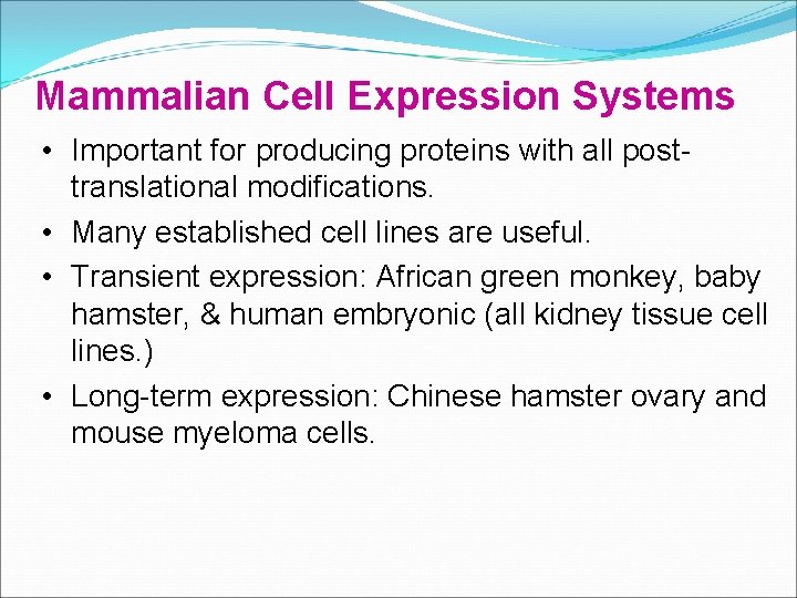 Mammalian Cell Expression Systems • Important for producing proteins with all posttranslational modifications. •