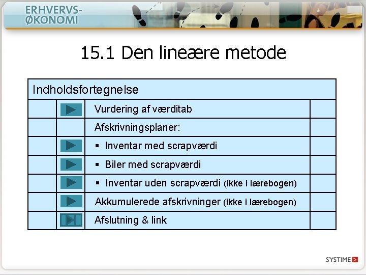15. 1 Den lineære metode Indholdsfortegnelse Vurdering af værditab Afskrivningsplaner: § Inventar med scrapværdi 15. 1 Den lineære metode Indholdsfortegnelse Vurdering af værditab Afskrivningsplaner: § Inventar med scrapværdi