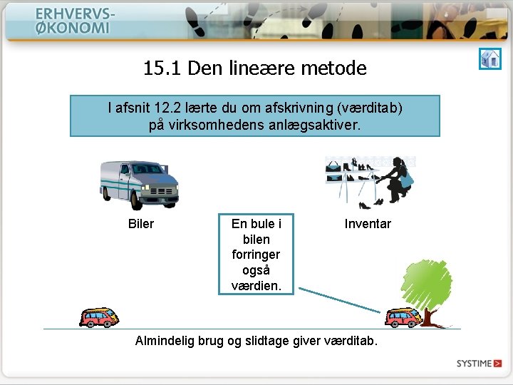 15. 1 Den lineære metode I afsnit 12. 2 lærte du om afskrivning (værditab) 15. 1 Den lineære metode I afsnit 12. 2 lærte du om afskrivning (værditab)