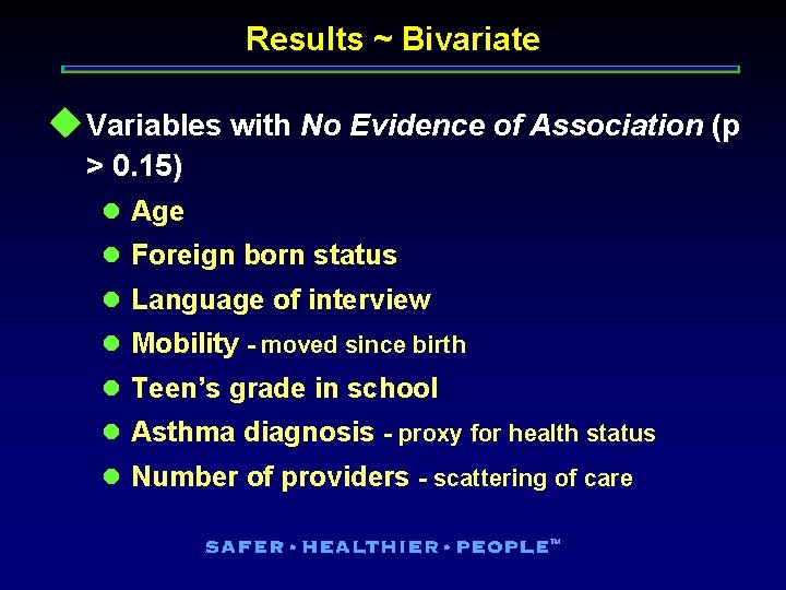 Results ~ Bivariate u Variables with No Evidence of Association (p > 0. 15)