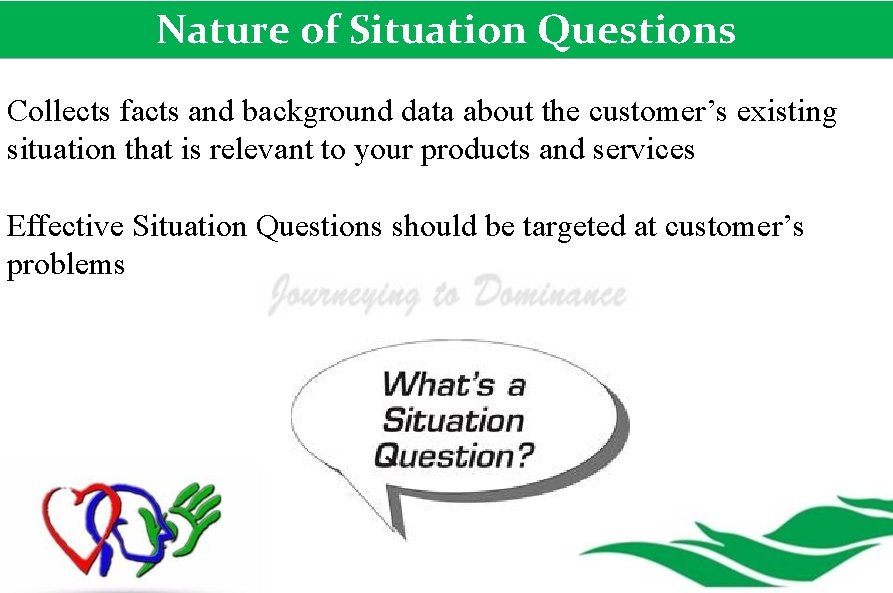 Nature of Situation Questions Collects facts and background data about the customer’s existing situation