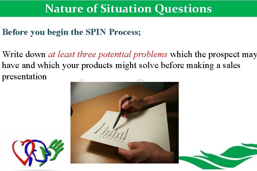 Nature of Situation Questions Before you begin the SPIN Process; Write down at least