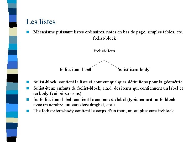 Les listes n Mécanisme puissant: listes ordinaires, notes en bas de page, simples tables,