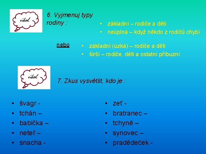 6. Vyjmenuj typy rodiny : nebo • základní – rodiče a děti • neúplná