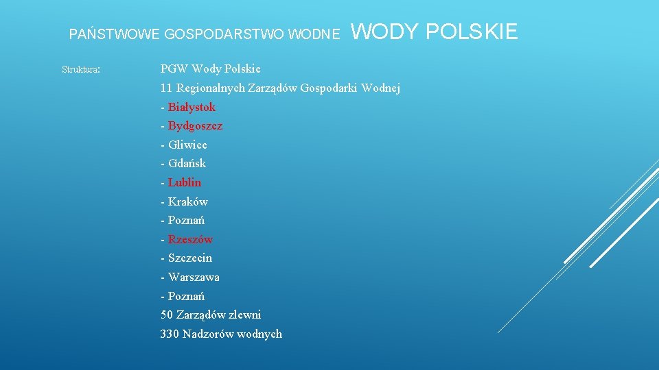 PAŃSTWOWE GOSPODARSTWO WODNE Struktura: WODY POLSKIE PGW Wody Polskie 11 Regionalnych Zarządów Gospodarki Wodnej