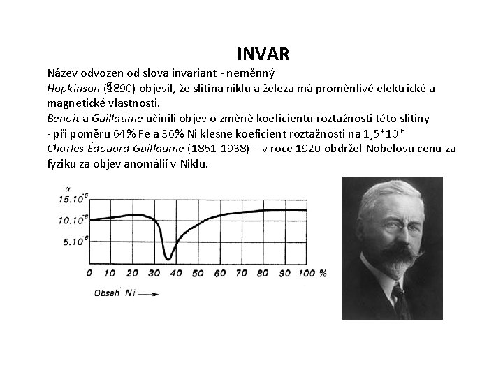 INVAR Název odvozen od slova invariant - neměnný g Hopkinson (1890) objevil, že slitina