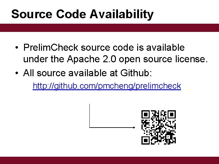 Source Code Availability • Prelim. Check source code is available under the Apache 2.