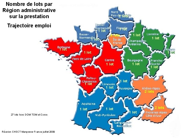 Nombre de lots par Région administrative sur la prestation 22 2 lots Trajectoire emploi