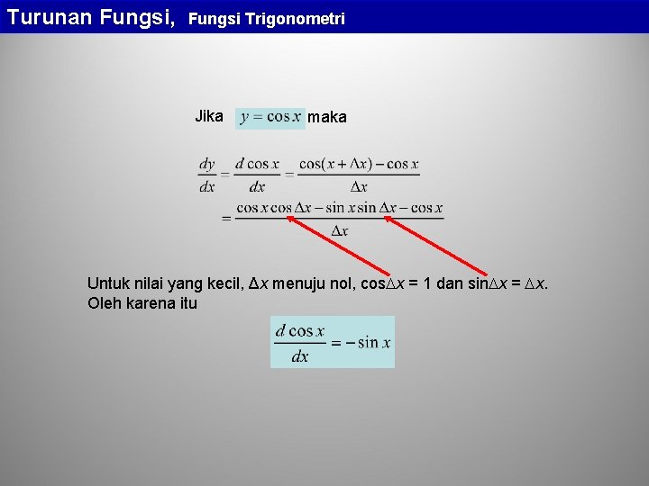 Turunan Fungsi, Fungsi Trigonometri Jika maka Untuk nilai yang kecil, Δx menuju nol, cos