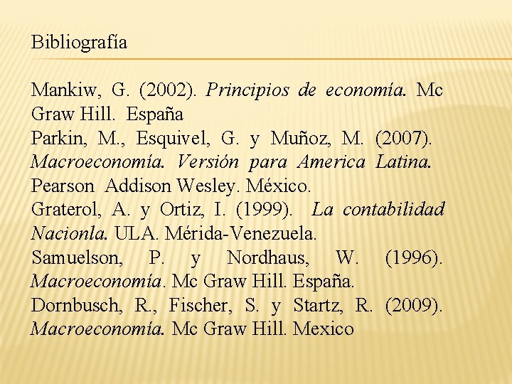 Bibliografía Mankiw, G. (2002). Principios de economía. Mc Graw Hill. España Parkin, M. ,