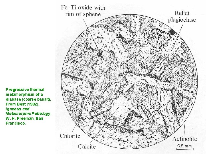 Progressive thermal metamorphism of a diabase (coarse basalt). From Best (1982). Igneous and Metamorphic