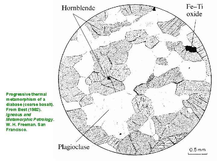 Progressive thermal metamorphism of a diabase (coarse basalt). From Best (1982). Igneous and Metamorphic