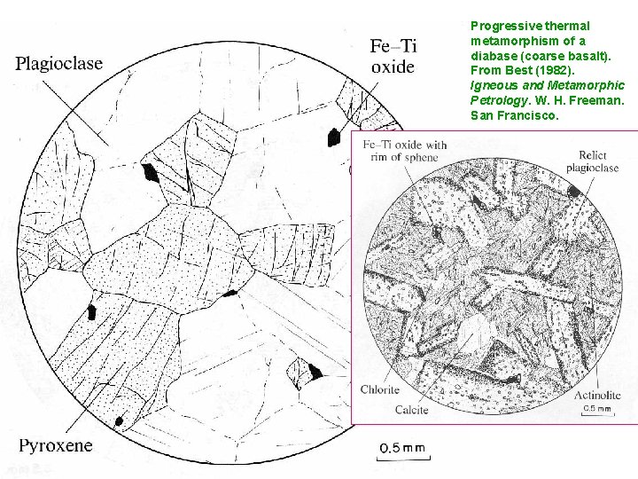 Progressive thermal metamorphism of a diabase (coarse basalt). From Best (1982). Igneous and Metamorphic