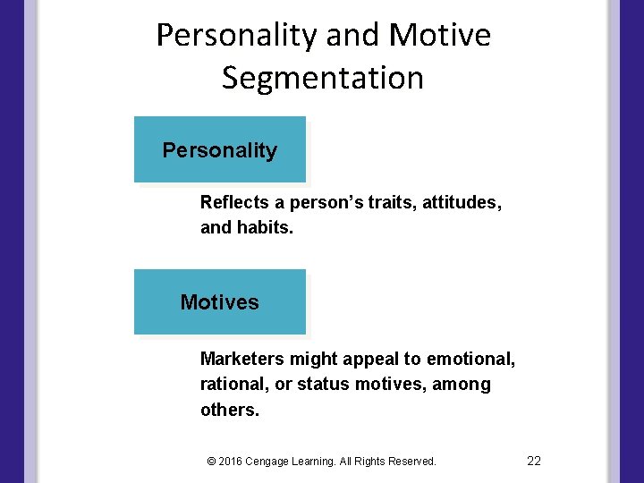 Personality and Motive Segmentation Personality Reflects a person’s traits, attitudes, and habits. Motives Marketers Personality and Motive Segmentation Personality Reflects a person’s traits, attitudes, and habits. Motives Marketers