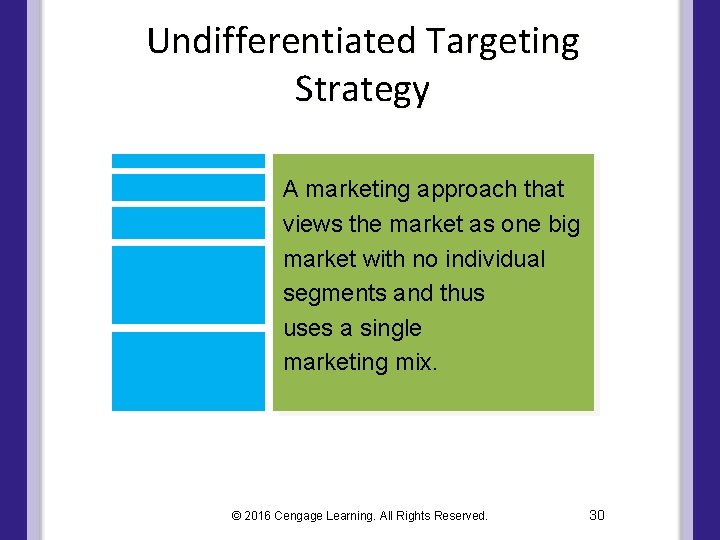 Undifferentiated Targeting Strategy A marketing approach that views the market as one big market Undifferentiated Targeting Strategy A marketing approach that views the market as one big market