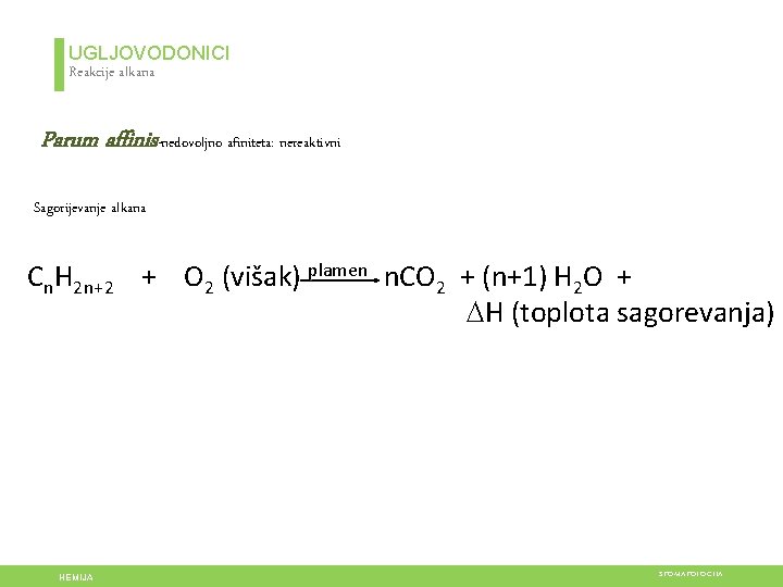 UGLJOVODONICI Reakcije alkana Parum affinis-nedovoljno afiniteta: nereaktivni Sagorijevanje alkana Cn. H 2 n+2 +