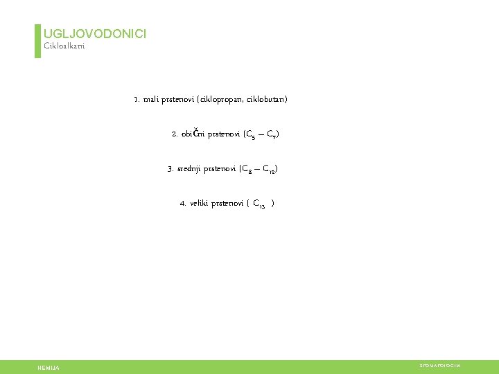 UGLJOVODONICI Cikloalkani 1. mali prstenovi (ciklopropan, ciklobutan) 2. obični prstenovi (C 5 – C
