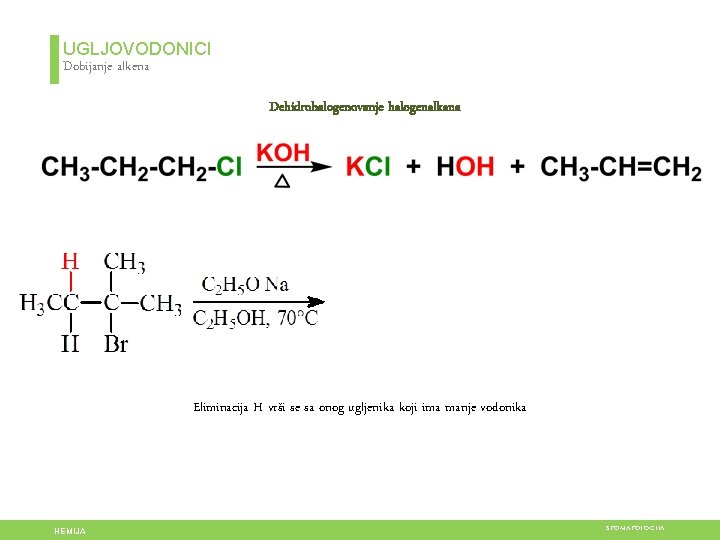 UGLJOVODONICI Dobijanje alkena Dehidrohalogenovanje halogenalkana Eliminacija H vrši se sa onog ugljenika koji ima