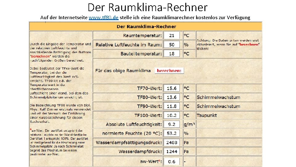 Der Raumklima-Rechner Auf der Internetseite www. tf 80. de stelle ich eine Raumklimarechner kostenlos